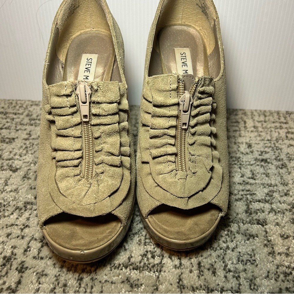 Steve Madden Brown P-Daizy Fringe Suede Peep Toe Heels Size 6.5 - Picture 4 of 11